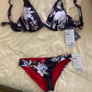 Athleta Black and Red Floral Bikini Set